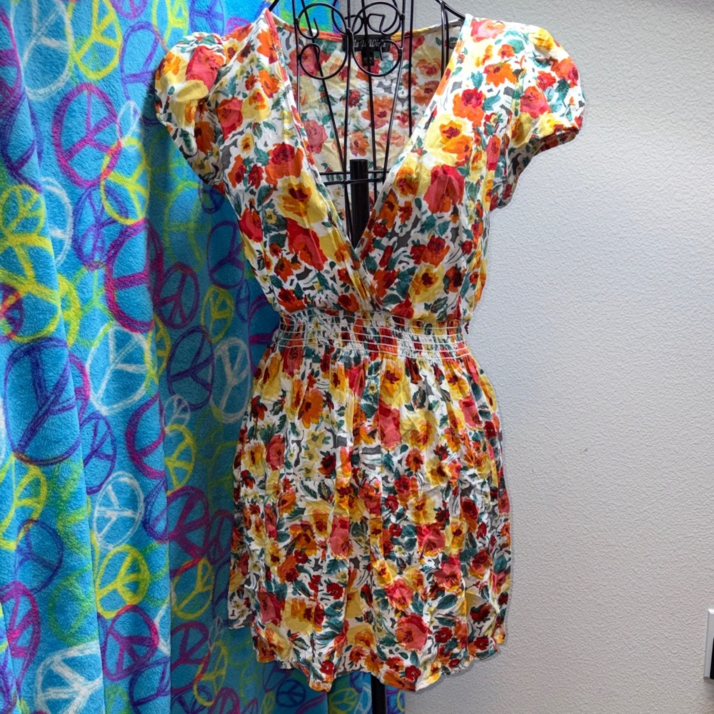 Floral V-Neck Smocked Stretch Waist Mini Dress - Yellow & Red Floral